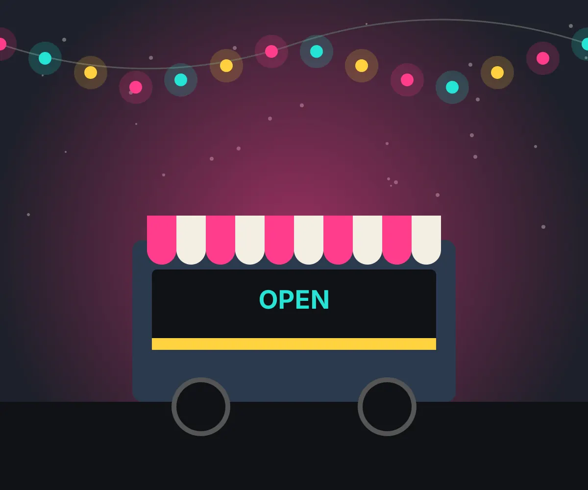 Illustrated food cart with striped awning and string lights